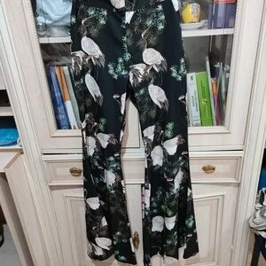 Stylish Black and White Bird Print Flare Pants